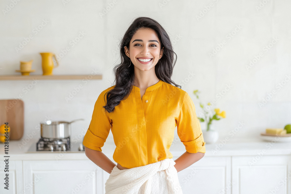 young woman wearing minimal modern clothes standing in a white kitchen at home young woman wearing minimal modern clothes standing in a white kitchen at home