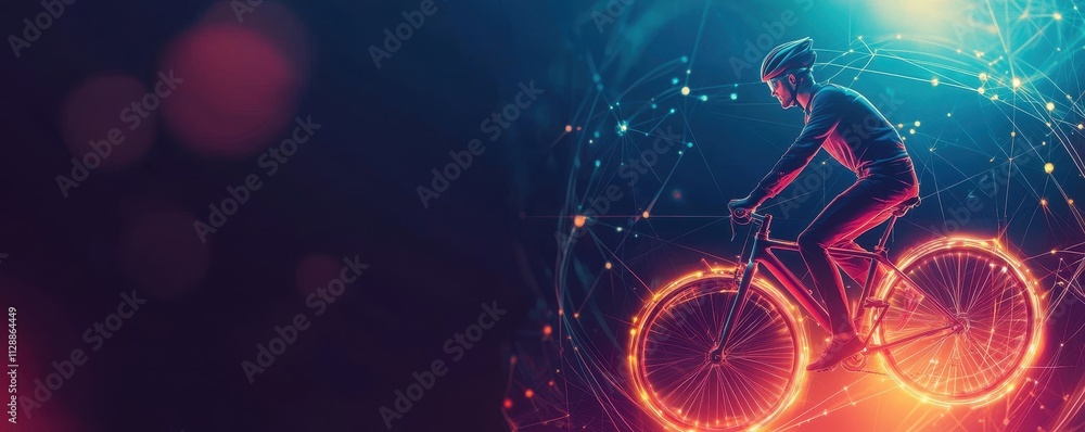 Fototapeta premium A cyclist in a futuristic setting, illuminated by colorful lights, rides a bike with glowing wheels, creating a vibrant, energetic atmosphere.