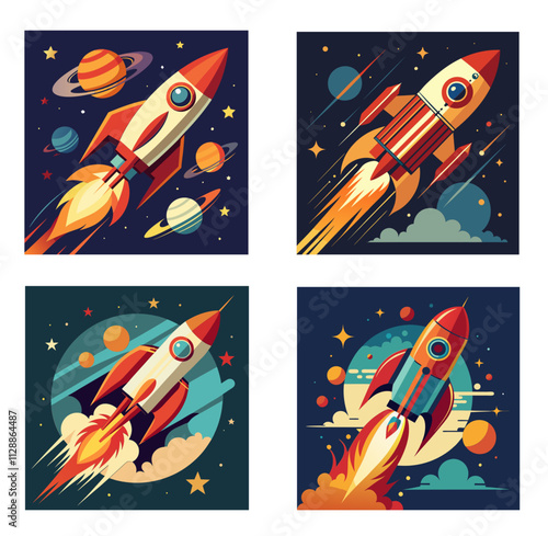 Rocket ship blasting off into space vector illustration