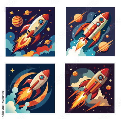 Rocket ship blasting off into space vector illustration