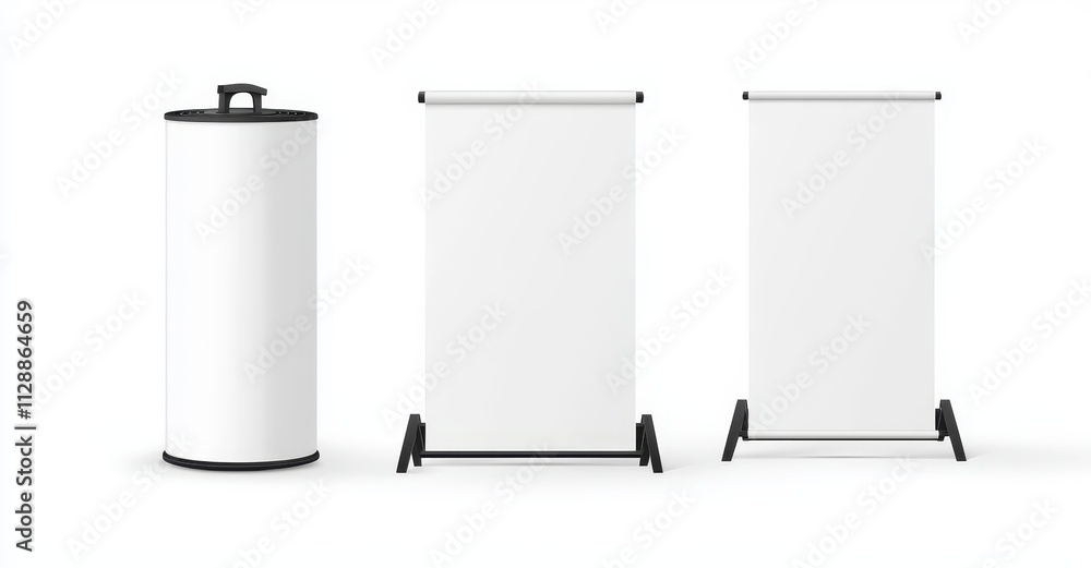 Three (3) 3D advertising stands isolated on white background. Modern realistic illustration of booth equipment, banner mockup for presenting products, and pop-up poster. Three (3) 3D advertising stands isolated on white background. Modern realistic illustration of booth equipment, banner mockup for presenting products, and pop-up poster.
