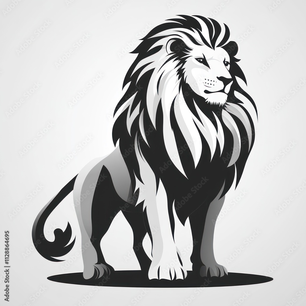 Fototapeta premium Majestic black and white lion illustration, standing proudly.