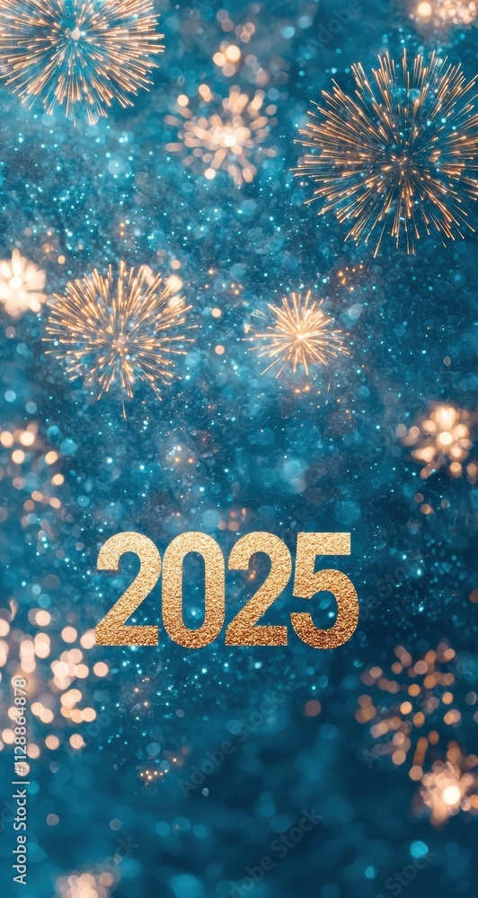 Golden 2025 on a sparkly blue background with fireworks exploding, celebrating new year's eve and the start of a new year Golden 2025 on a sparkly blue background with fireworks exploding, celebrating new year's eve and the start of a new year