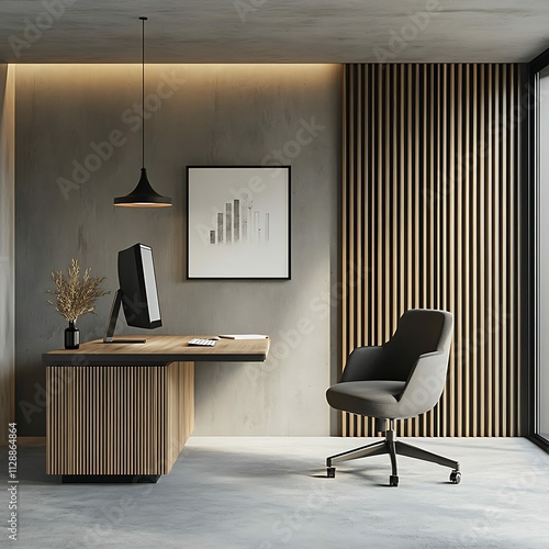 Interior of modern office with wooden desk, chair, computer, lamp and plant. 3d render photo