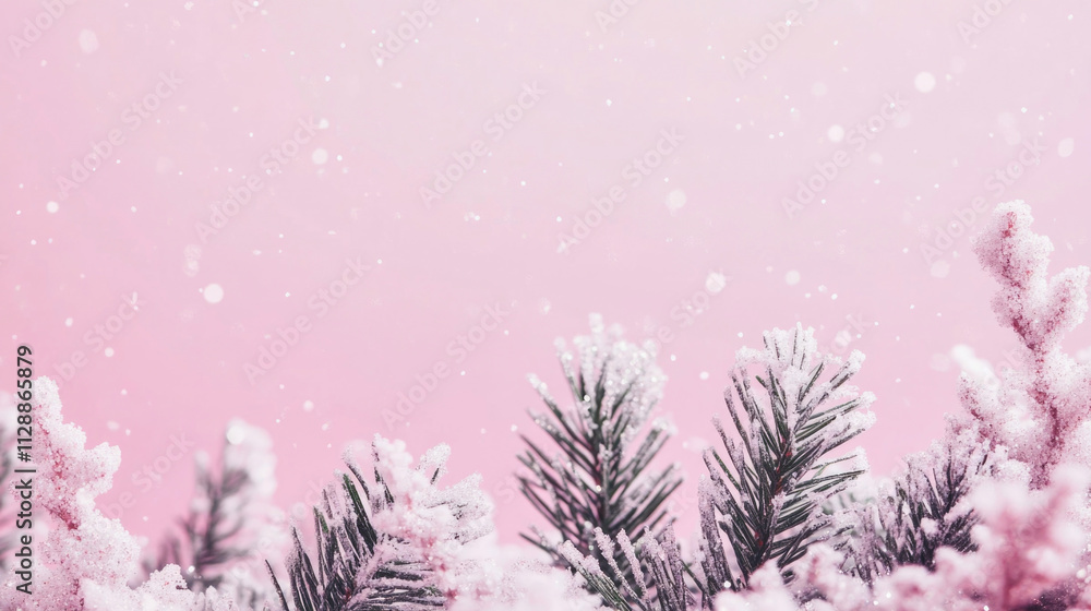 Charming pastel pink holiday backdrop with sparkling snow-dusted fir branches Charming pastel pink holiday backdrop with sparkling snow-dusted fir branches