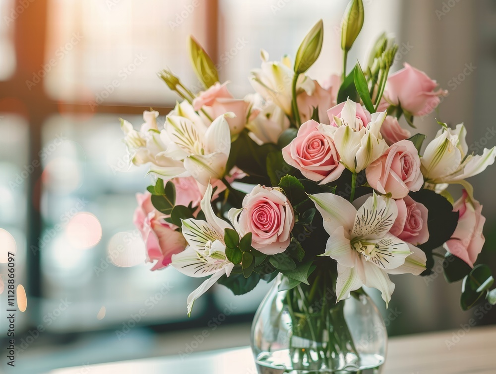 Elegant Bouquet of Pink Roses and White Lilies in a Glass Vase Elegant Bouquet of Pink Roses and White Lilies in a Glass Vase