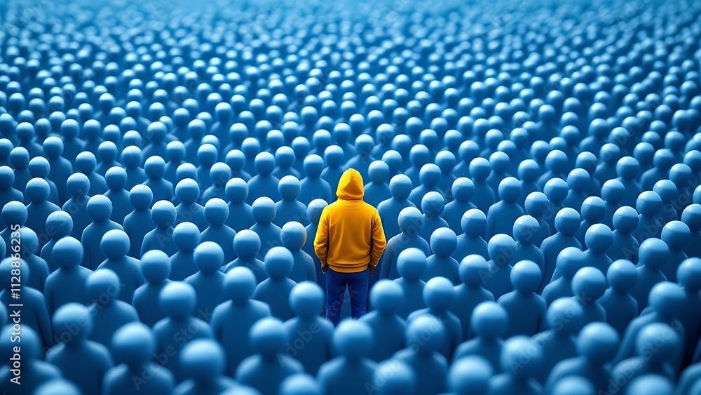 Obraz premium A single yellow figure stands out among a crowd of blue figures.