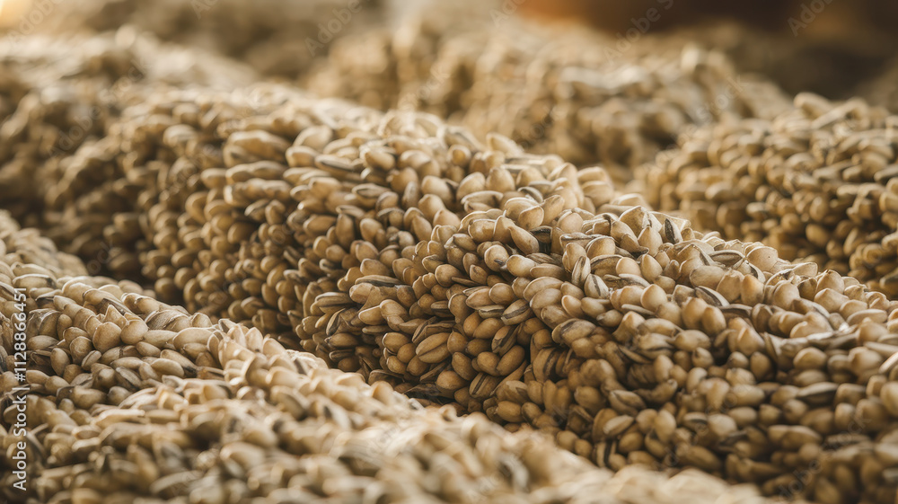 Obraz premium Close-up of a textured surface covered in light brown sunflower seeds, creating a natural, earthy aesthetic.
