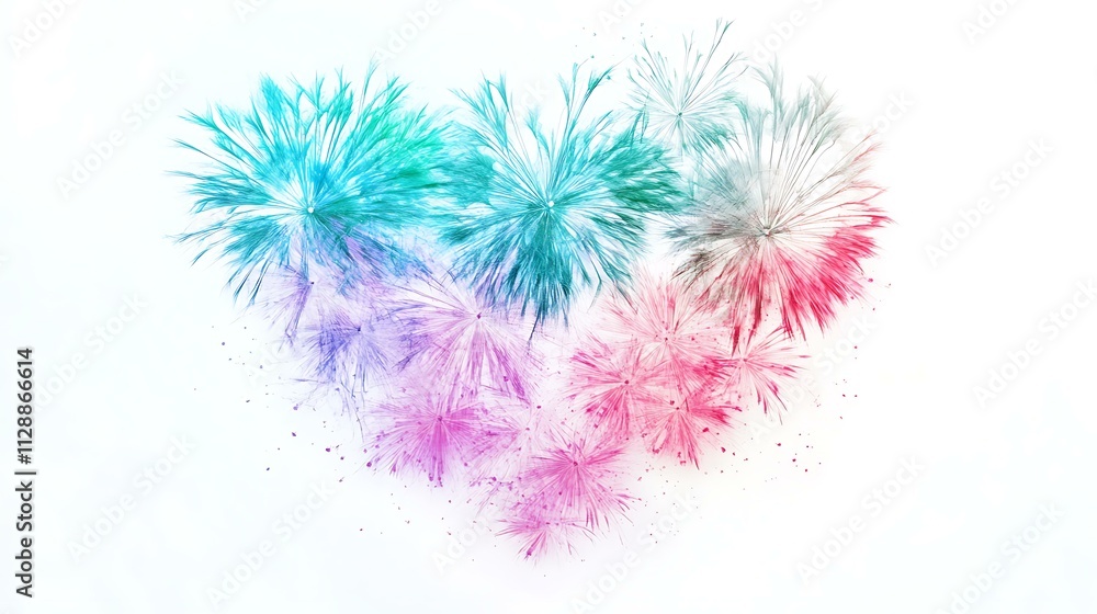 7. A series of pink, blue, and green fireworks in the shape of a heart, set against a soft white background to emphasize the vibrant colors. 7. A series of pink, blue, and green fireworks in the shape of a heart, set against a soft white background to emphasize the vibrant colors.