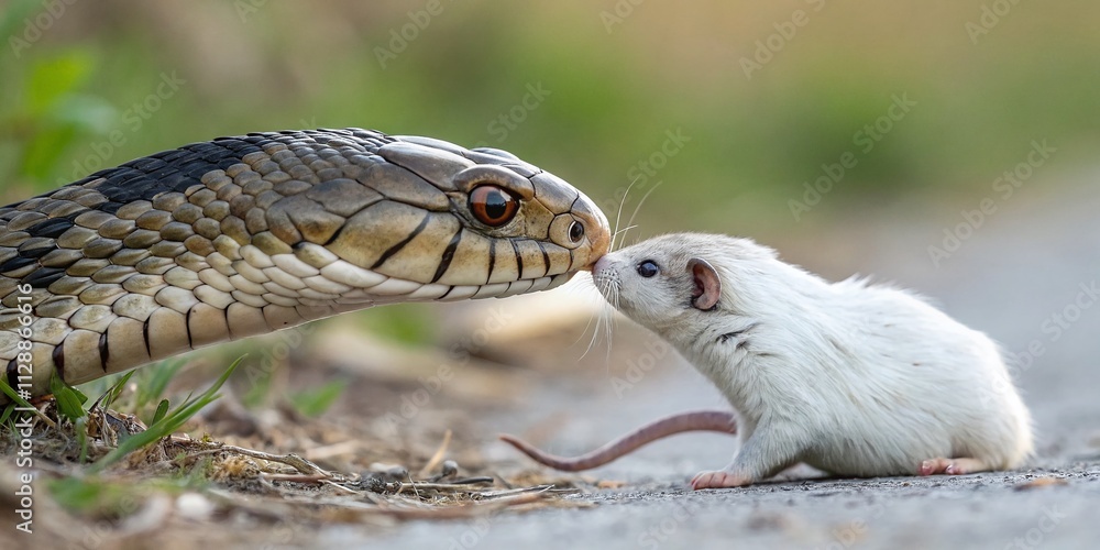 Fototapeta premium Cobra in Action: Macro Photography of a Majestic Snake Hunting an Albino Rat in Stunning Detail, Capturing the Intensity of Nature’s Predatory Dance in High Definition