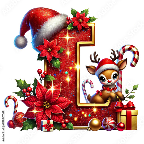 Christmas Letter L with Santa Hat, Reindeer, Poinsettia, Candy Canes, and Holiday Gifts PNG