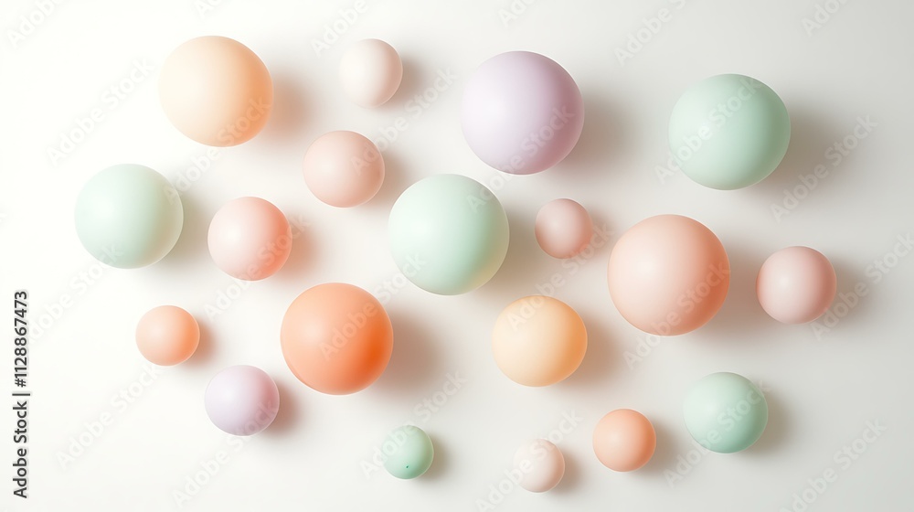 8. Several floating balloons in soft pastel shades of peach, mint, and lavender, drifting upwards on a clean white backdrop. 8. Several floating balloons in soft pastel shades of peach, mint, and lavender, drifting upwards on a clean white backdrop.