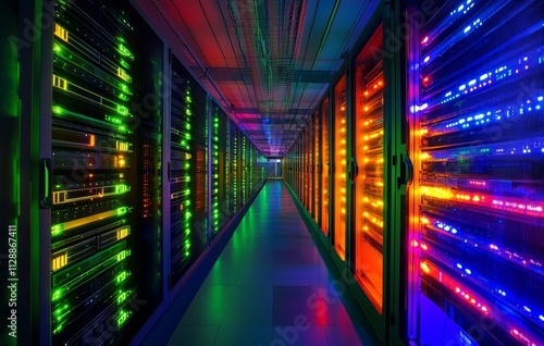 Colorful server room with rows of illuminated racks.