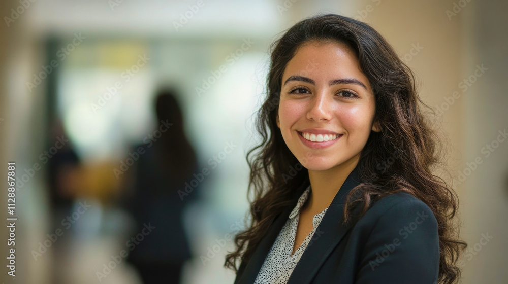 Young Hispanic businesswoman smiles proudly in professional setting with soft-focus background Young Hispanic businesswoman smiles proudly in professional setting with soft-focus background