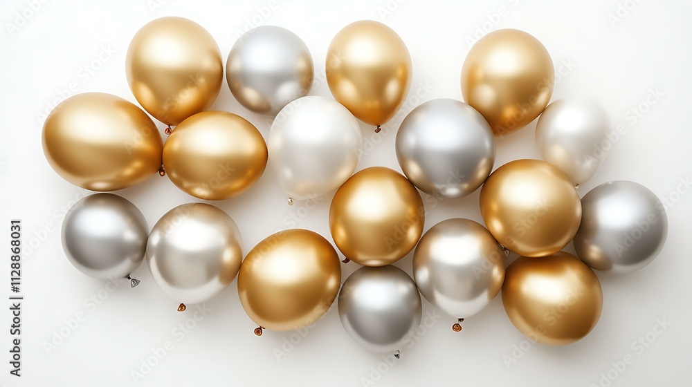 4. A set of metallic gold and silver balloons in varying sizes, arranged symmetrically on a pure white surface, creating a festive look. 4. A set of metallic gold and silver balloons in varying sizes, arranged symmetrically on a pure white surface, creating a festive look.