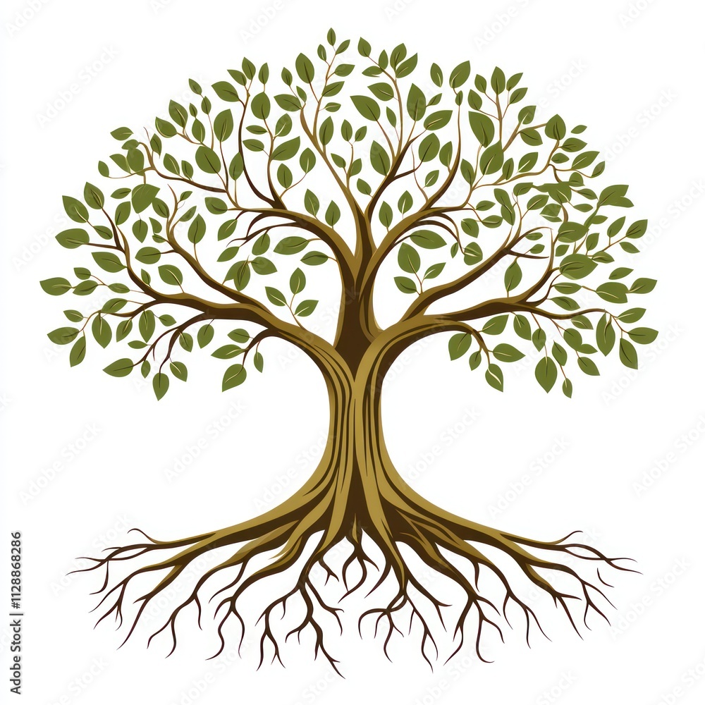 Fototapeta premium Lush green tree with extensive roots, isolated on white background. (1)