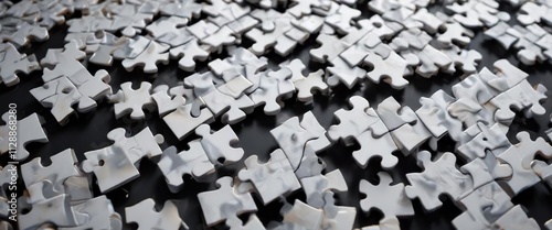 Numerous interlocking gray and white puzzle fragments against a dark backdrop ,  gray,  background