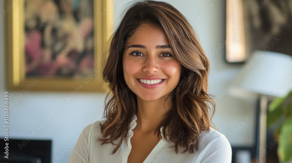 Warm smile of a young Hispanic businesswoman in a modern office setting Warm smile of a young Hispanic businesswoman in a modern office setting
