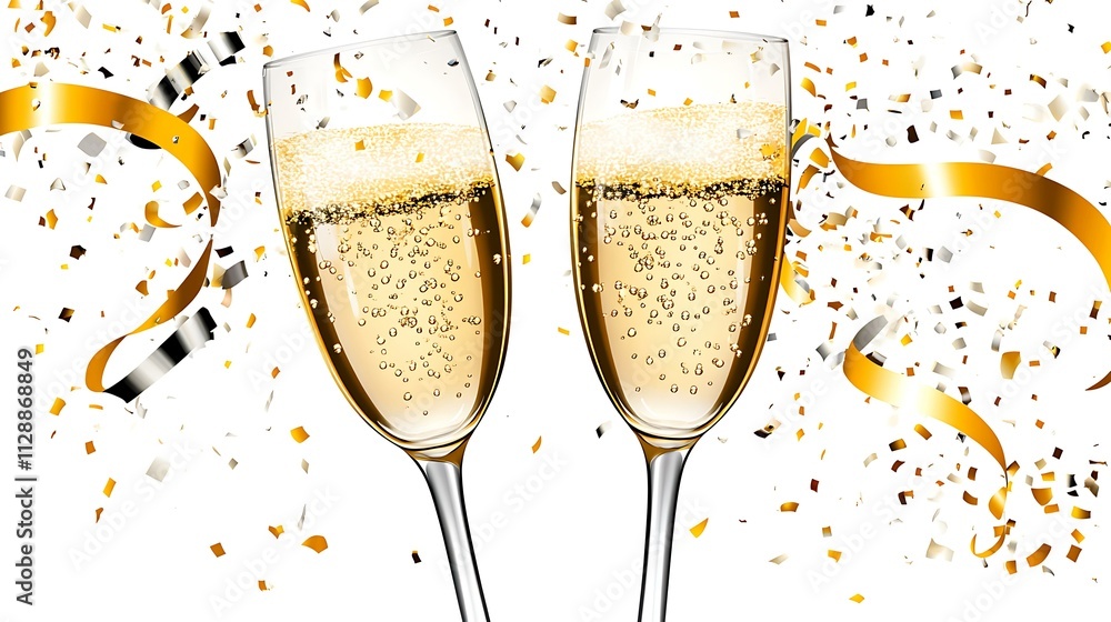 2. A pair of champagne glasses clinking together, filled with bubbly, surrounded by gold and silver streamers on a clean white background. 2. A pair of champagne glasses clinking together, filled with bubbly, surrounded by gold and silver streamers on a clean white background.