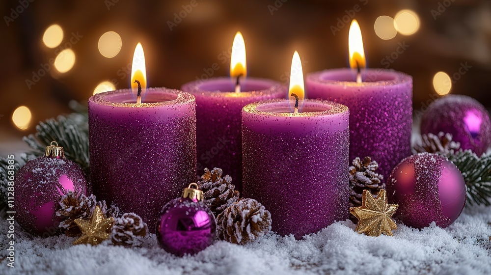 Purple Advent Candles Christmas Decorated With Ornaments Purple Advent Candles Christmas Decorated With Ornaments