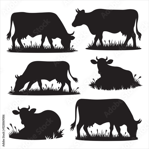set of different style cow, Dairy farm cow, Cow Grazing On Meadow, vector silhouettes	
