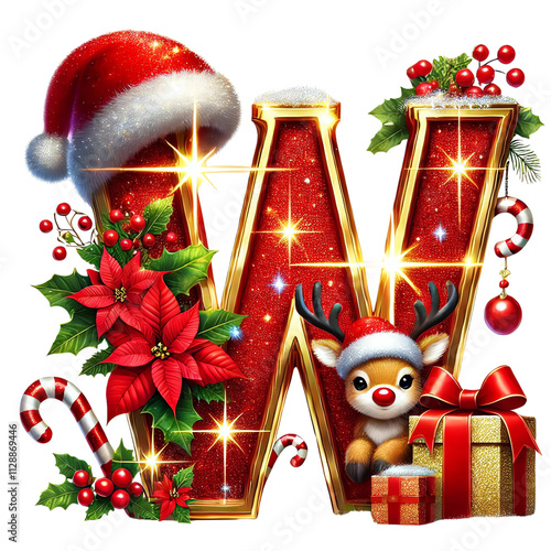 Christmas Letter W with Santa Hat, Reindeer, Poinsettia, Candy Canes, and Holiday Gifts PNG