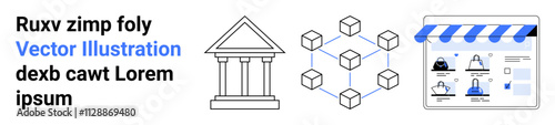 Roman-style government building, blockchain network, e-commerce webpage with product listings. Ideal for e-commerce, blockchain, technology integration, digital security, administration, online