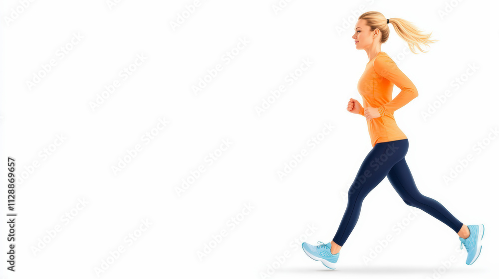 A woman in athletic attire is jogging energetically against a white background, showcasing an active and healthy lifestyle. A woman in athletic attire is jogging energetically against a white background, showcasing an active and healthy lifestyle.