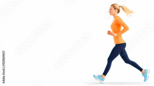 A woman in athletic attire is jogging energetically against a white background, showcasing an active and healthy lifestyle.