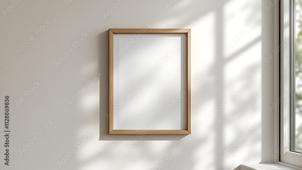 Blank wooden frame hanging on the white wall. Blank wooden frame hanging on the white wall.