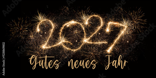 Gutes neues Jahr, Silvester, Party, Neujahr Grußkarte, Karte mit deutschem Text - Jahreszahl 2027 aus Wunderkerzen schrift und goldenem Feuerwerk, Pyrotechnik, isoliert auf schwarzem Hintergrund photo