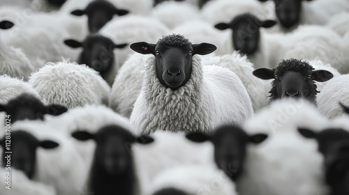 A group of sheep with fluffy white wool and dark faces gathered closely, creating a striking contrast against the black-faced central sheep.