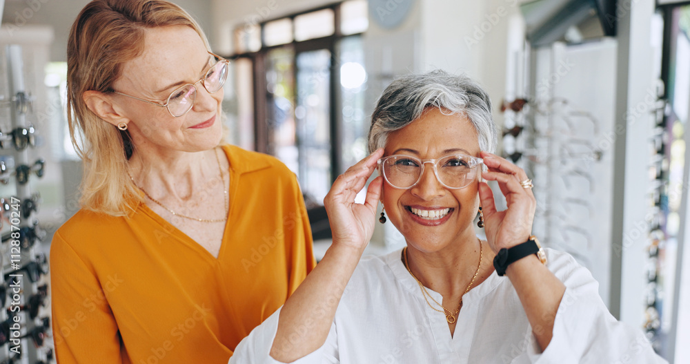 Obraz premium Glasses, frame and consulting with people in store for eye care, healthcare and optometry. Shopping, lens check and choice with customer in clinic for ophthalmologist, vision and prescription help