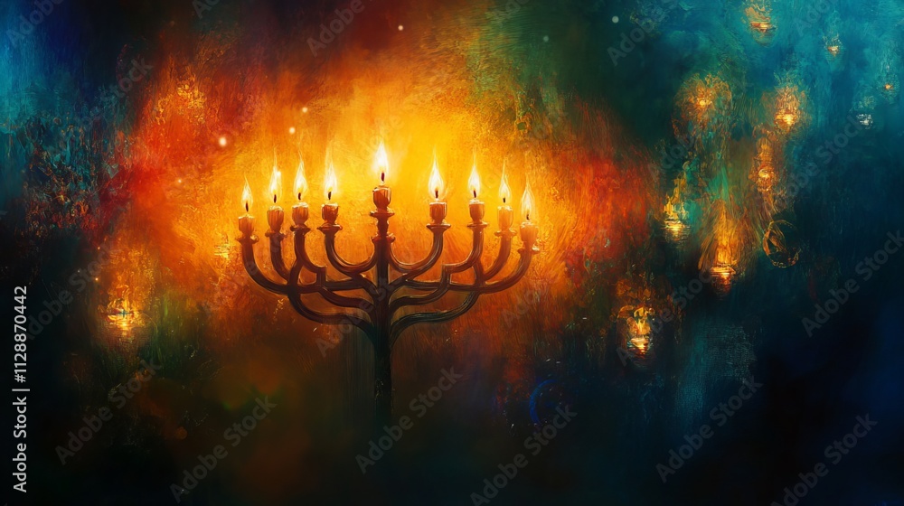 Fototapeta premium Celebrate Hanukkah with a gleaming menorah, its flickering candles illuminating an ethereal abstract backdrop. 