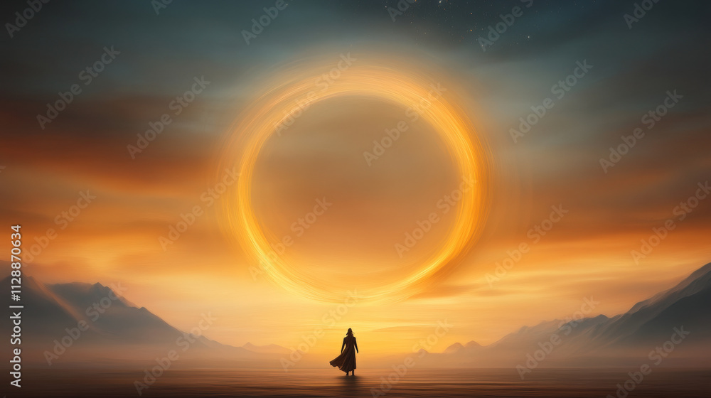 A solitary figure stands before a glowing ring in a mystical landscape, surrounded by dramatic clouds and mountains at sunset. A solitary figure stands before a glowing ring in a mystical landscape, surrounded by dramatic clouds and mountains at sunset.