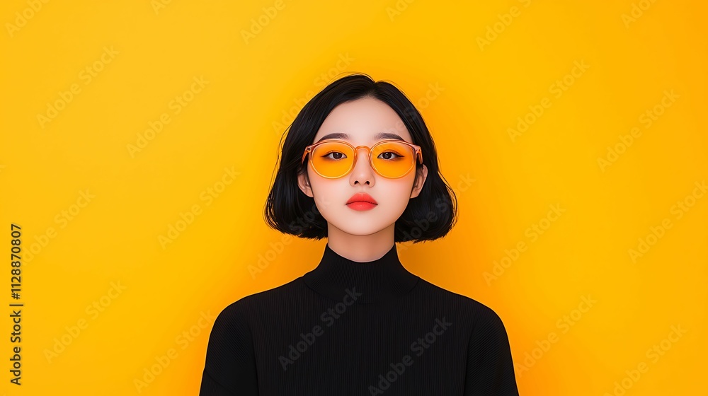 Stylish woman, monochrome, orange glasses. A stylish individual wearing yellow sunglasses stands against a vibrant yellow background, exuding confidence and modern flair. Stylish woman, monochrome, orange glasses. A stylish individual wearing yellow sunglasses stands against a vibrant yellow background, exuding confidence and modern flair.