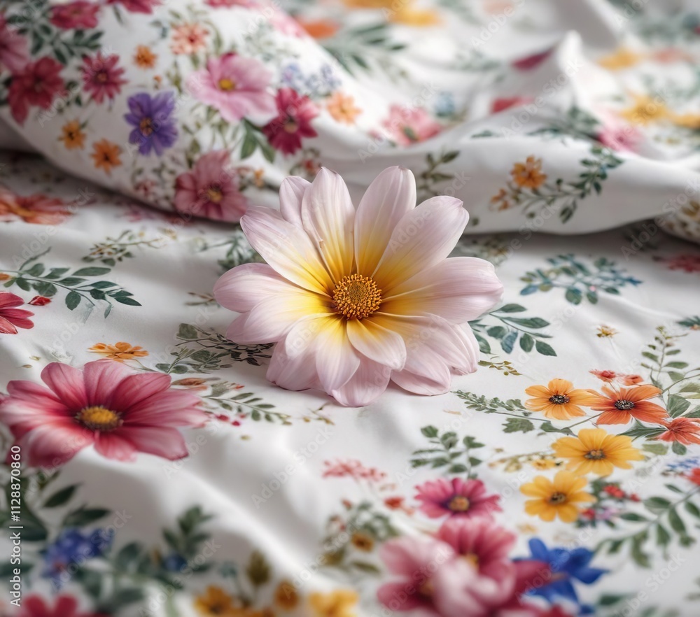 Close-up of colorful flower resting on delicate floral-patterned bedsheet, peaceful relaxation, nature, pattern Close-up of colorful flower resting on delicate floral-patterned bedsheet, peaceful relaxation, nature, pattern