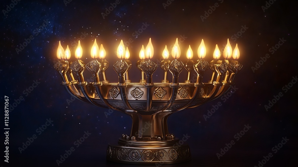 Celebrate Hanukkah with the warm glow of this Hanukkiah, adorned with nine kindled candles. The flickering lights cast a golden halo against a deep background, evoking the spirit of the festival. Celebrate Hanukkah with the warm glow of this Hanukkiah, adorned with nine kindled candles. The flickering lights cast a golden halo against a deep background, evoking the spirit of the festival.