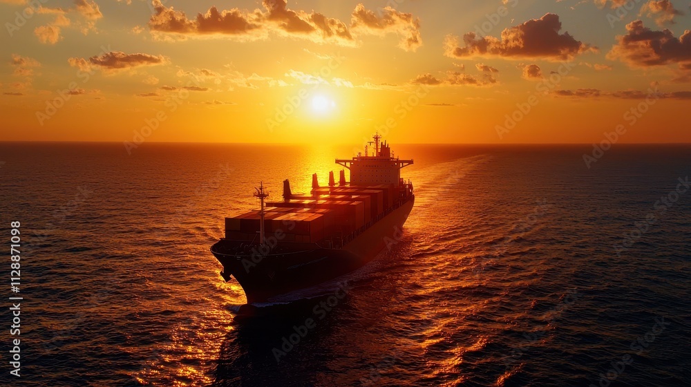 Fototapeta premium Cargo Ship Sailing on Ocean During Dramatic Sunset with Bright Sky and Clouds