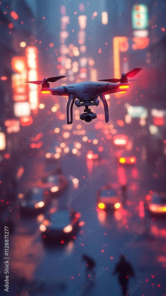 A police drone tracking a thief through a bustling urban landscape, glowing indicators guiding the chase, cinematic composition A police drone tracking a thief through a bustling urban landscape, glowing indicators guiding the chase, cinematic composition