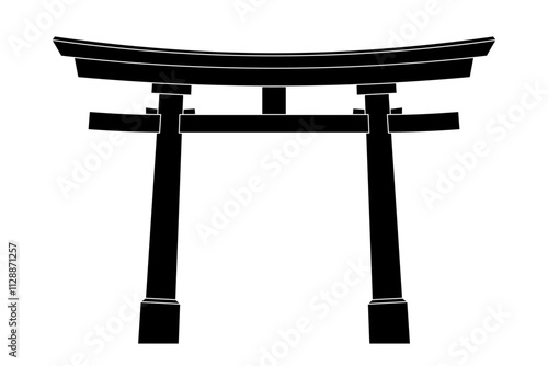 Torii symbol, traditional Japanese gate commonly found at Shinto shrine entrances, marking symbolically the transition from the mundane to the sacred. Daiwa torii with pillar rings and nemaki sleeves.