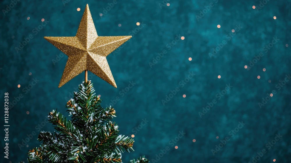 A golden star atop a Christmas tree against a blue background, adorned with subtle white snowflakes, creating a festive and cozy atmosphere. A golden star atop a Christmas tree against a blue background, adorned with subtle white snowflakes, creating a festive and cozy atmosphere.