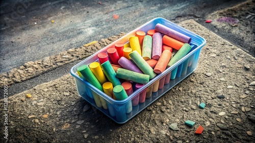 Wallpaper Mural Colorful Chalks in a Plastic Box on Grey Grunge Pavement - Perfect for Outdoor Art Projects and Creative Expression, Captured in a Candid Photography Style Torontodigital.ca