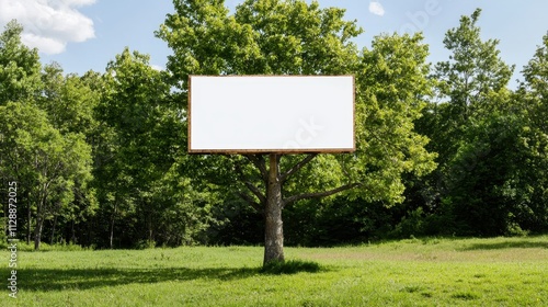 Blank Billboard on Tree in Lush Green Field Under Clear Sky photo