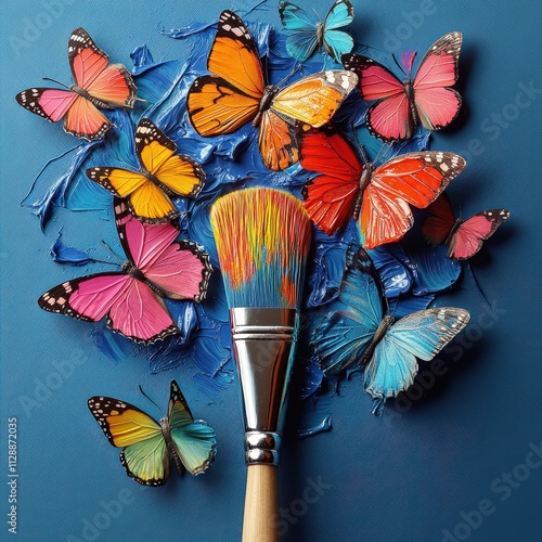 A vivid display of butterflies on a canvas with paintbrush strokes, combining bold colors and creative artistry in a surreal and imaginative composition. AI generated. photo