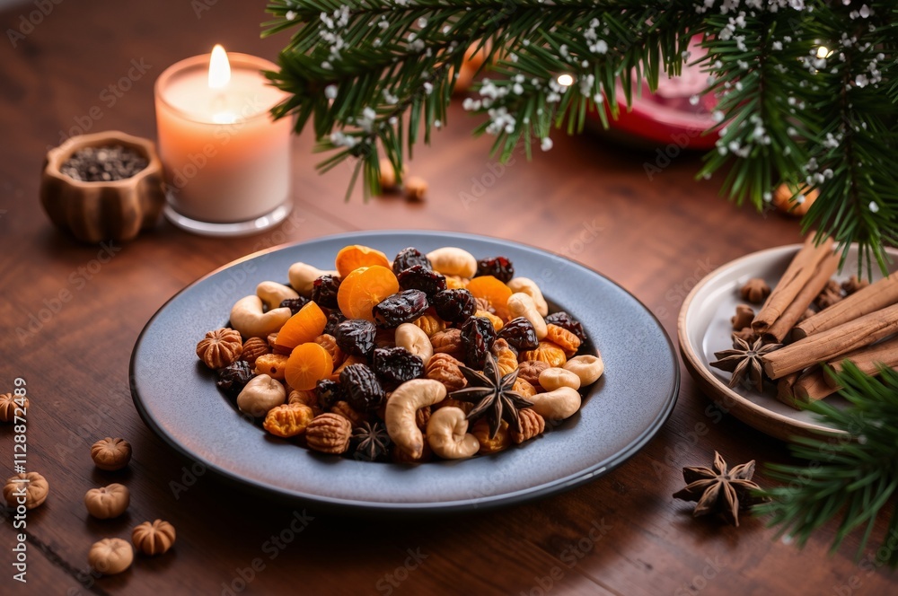 Fototapeta premium Festive Holiday Snack Platter with Dried Fruits, Nuts, and Spices Under a Christmas Tree