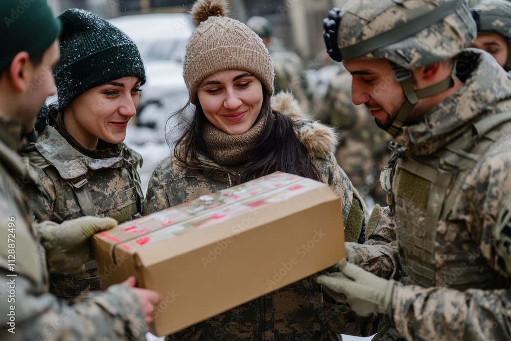Fototapeta premium Gift boxes being shared with soldiers during a winter outreach event