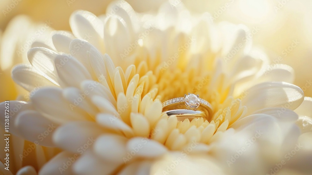 Wedding rings nestled within a delicate yellow flower Wedding rings nestled within a delicate yellow flower