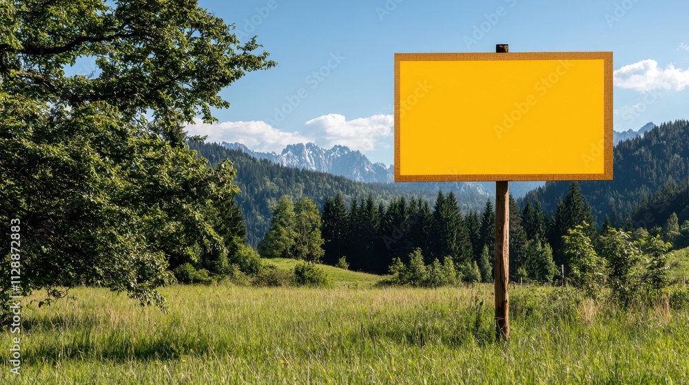 Blank Yellow Signboard in Beautiful Mountain Landscape with Trees Blank Yellow Signboard in Beautiful Mountain Landscape with Trees