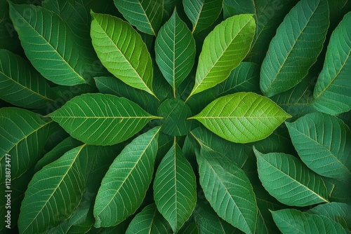 Symmetrical arrangement of vibrant green leaves showcasing nature's beauty